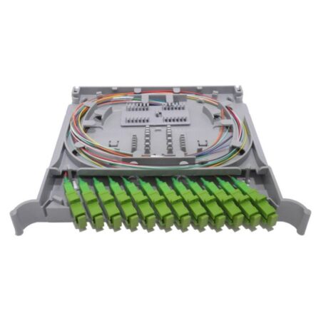 Bandeja 12 fusiones con enfrentadotes SC/APC y 12 Pigtails de colores para Repartidor Óptico Modular (ROM) ORSM